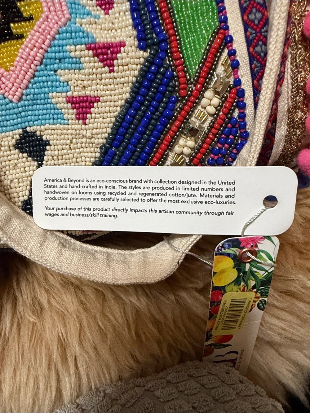 America & Beyond Beaded & Pom Pom Colorful Tote NWT